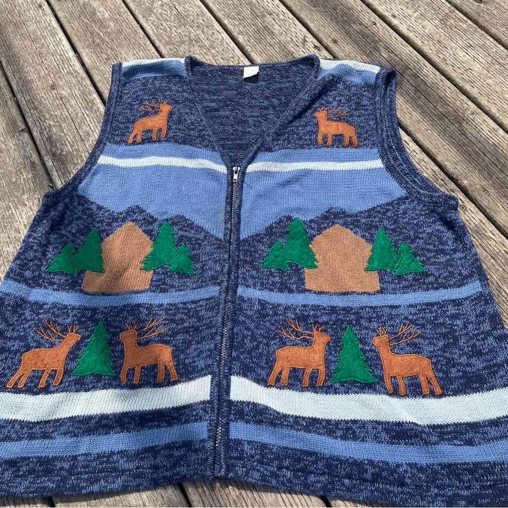 Cozy “Ugly” Christmas Blue Knit Vest with Nature Patchwork Design Vintage